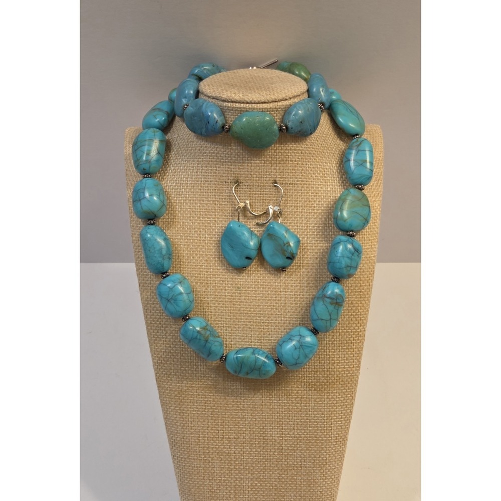 Southwestern Chunky Synthetic Turquoise & Sterling Silver Jewelry Set 925